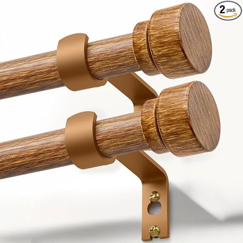 2 Pack Wood Curtain Rods for Windows 28 to 48 Inches 1" Diameter Boho Decorative Heavy Duty Window Curtain Rod Set Adjustable with Handmade Wood Grain Design for Living Room Bedroom Kitchen