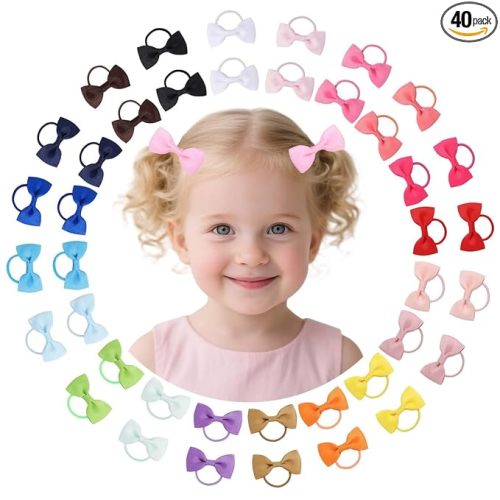 40pcs baby hair ties with Bows Elastic Ponytail Holders Small Hair Accessories for Kids Toddlers Infants. (Mixed color 1)