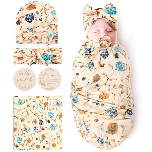 DRESHOW BQUBO Baby Girl Newborn Floral Receiving Blankets with Bow Hat Headband Wooden Birth Announcement Card Set Newborn Baby Swaddling Hats Sleepsack Toddler Warm Shower Gift