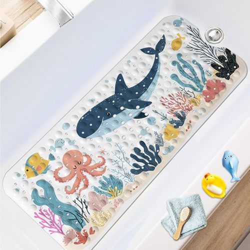 LNOND Bath Mat for Tub for Kids, Toddler Bathtub mat Non Slip, Whales and Coral Kids Bath Mats for Bathroom Non Slip with Drain Holes and Suction Cups,Machine Washable (40 X 16 Inch)