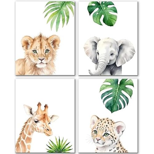 JINYO Tropical Woodland Animal Nursery Wall Art Prints Set of 4, Jungle Lion Giraffe Cheetah Elephant Wall Decor Posters Pictures for Baby Toddler Kids Room Nursery Playroom, 8x10 Unframed