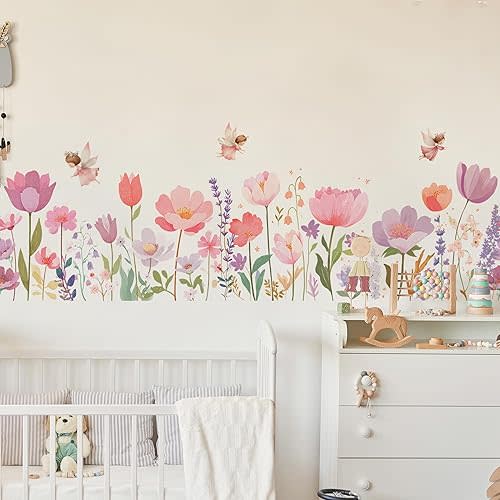 Flower Wall Decals - Flower Elves Peel and Stick Wall Art Decals,Removable Flower Home Decor Art for Kids Living Room, Bedroom, Nursery Decor Wall Corner Decoration