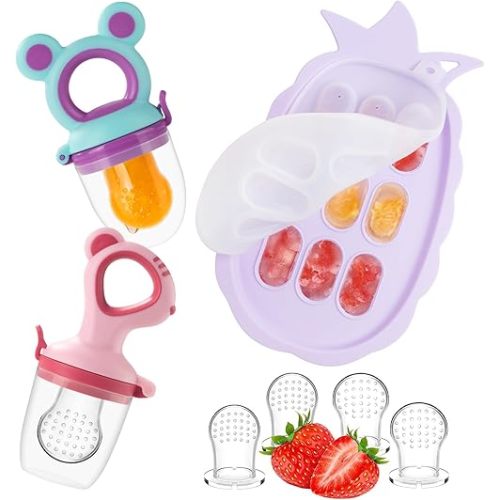 Baby Fruit Feeder & Baby Breastmilk Popsicle Molds, Baby Food Freezer Tray Storage Containers, Silicone Pacifier Feeder and Teether, Includes 6 Extra Food Pacifier