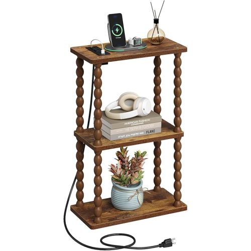 ELYKEN Side Table with Charging Station, Small End Tables Living Room with USB Port and Outlet, 3-Tier Narrow Bedside Table Nightstands for Bedroom, Rustic Brown