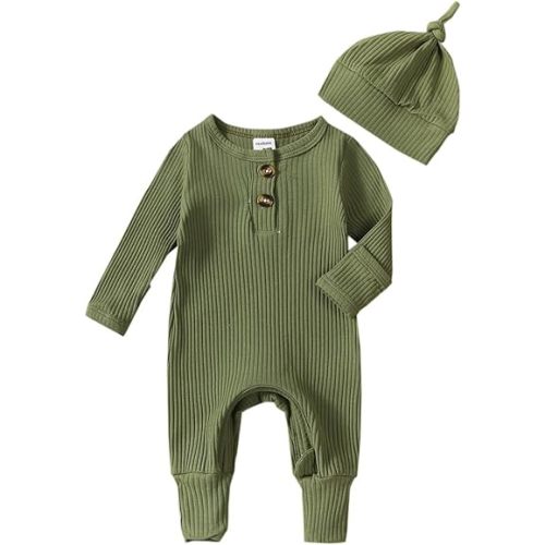 Twopumpkin Newborn Outfits Baby Boy Girl Knit jumpsuit Romper Newborn Coming Home Outfit Infant Gender Neutral Clothes - 0-3 Months - Cute Ribbed Army Green