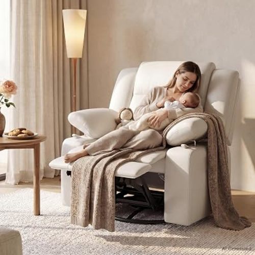 Nursery Glider Recliner Chair with Adjustable Armrests, Swivel Rocking Recliner for Breastfeeding Moms, 360° Swivel, 30° Rocking, 90°-160° Recline, Easy-Clean Nursery Chair(White)