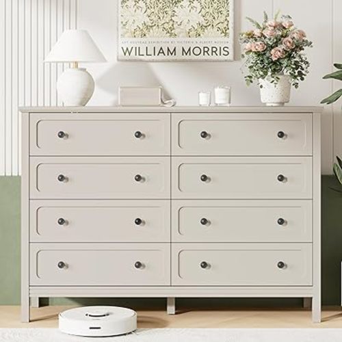 Tradare Dresser for Bedroom, 8 Drawer Dresser with Metal Handles, 55" Wide Modern Dressers & Chest of Drawers for Living Room, Hallway, Entryway, Beige