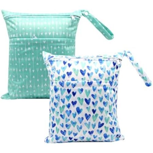 2pcs Cloth Diaper Wet Dry Bags Waterproof Reusable with Two Zippered Pockets Stroller Travel Beach Pool Daycare Soiled Baby Item Yoga Gym Bag for Swimsuits or Wet Clothes-Green Hearts