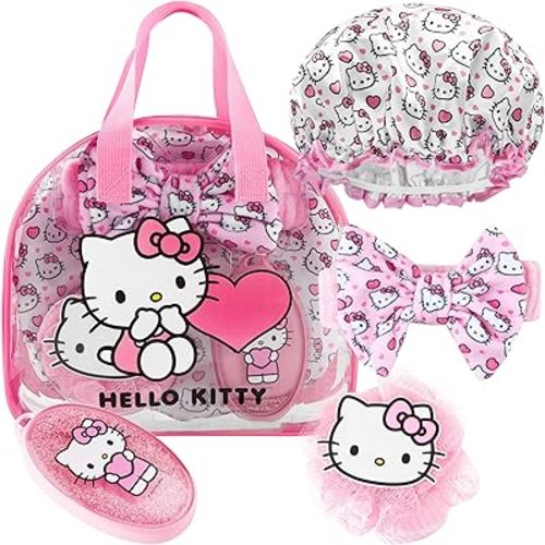 Hello Kitty Sanrio Shower Accessories Set, Kawaii Toiletry Bag with Shower Cap Headband Bath Sponge, Gifts for Girls, Teens, Women (Pink Hello Kitty)