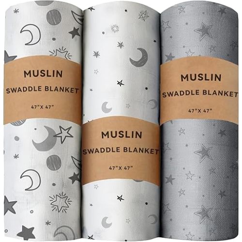 3 Pack Baby Muslin Swaddle Blankets Gender Neutral Large Swaddles for Newborn Baby Boys or Girls Light Receiving Blankets Newborn Infant Essentials for Mom (Star)
