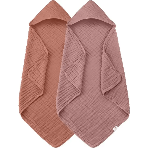 2 Pack Hooded Baby Towels - 100% Muslin Cotton for Newborns, Infants, Toddlers - Large 32x32 Inch Size - Highly Absorbent and Essential for Newborn Care, Deep Bean Paste