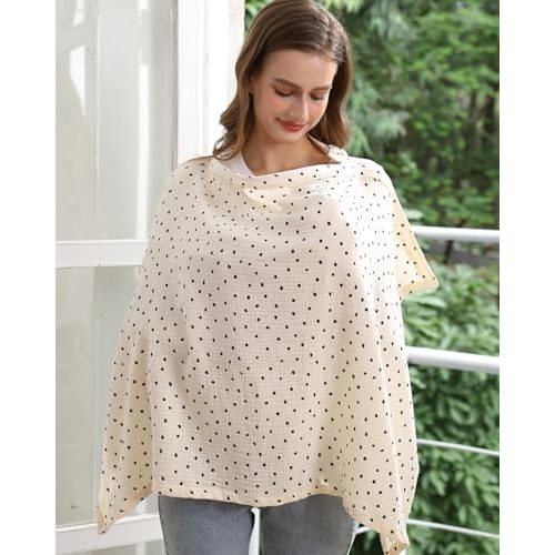 Nursing Cover for Baby Breastfeeding with Rigid Hoop, Breathable Soft 100% Muslin Cotton, Baby Breast Feeding & Pumping Apron, Multi Use Baby Car Seat Stroller Cover (Beige Polka dots)