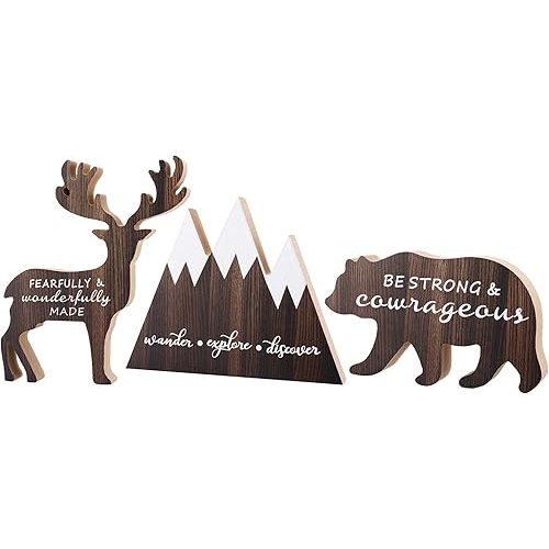 Jetec 3 Sets Wooden Mountain Decor Woodland Inspirational Quote Wooden Sign Wander Explore Discover Neutral Nursery Table Decor Centerpiece Wooden Mountain Deer Bear Decor for Room Decor