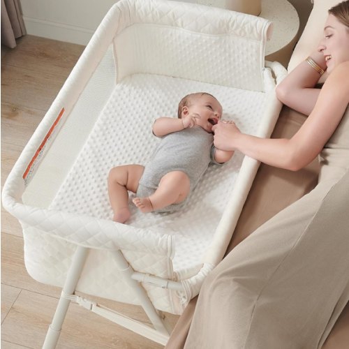 Bassinet Bedside Sleeper, Baby Crib for Newborn, Baby Bassinets Bedside Sleeper with 4 Auto-Lock & Adjustable Height, Breathable Mesh & Mattress, Bedside Bassinet