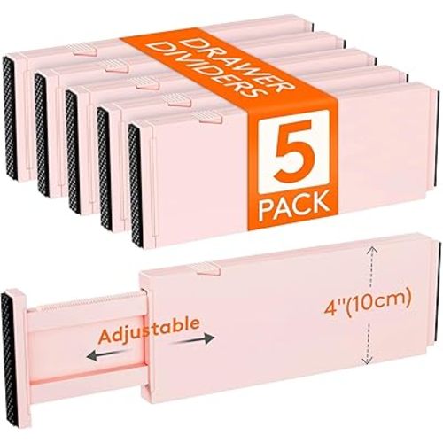 Lifewit 5 Pack Drawer Dividers 4" High, 11-17" Adjustable Dresser Drawer Organizers for Clothes, Expandable Dresser Separators in Bedroom/Bathroom/Kitchen/Vanity/Office Organization and Storage, Pink