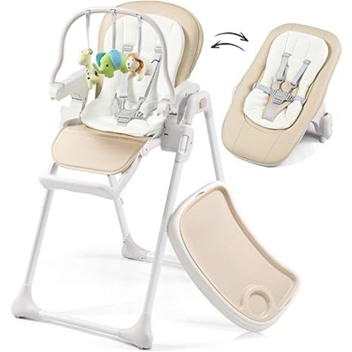 3-in-1 Convertible Baby High Chair, 6 Height & 3 Recline Adjustable High Chairs for Babies and Toddlers, Foldable High Chair with 3 Detachable Toys, Built-in Rear Wheels, Removable Seat & Tray, Taupe