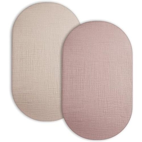 Bassinet Sheet for Baby Boy and Girl 2 Pack, Fitted Sheets for Rectangle, Oval, Hourglass Bassinet Mattress, Muslin Moses Basket Sheets with Neutral Style(Beige & Shadow)