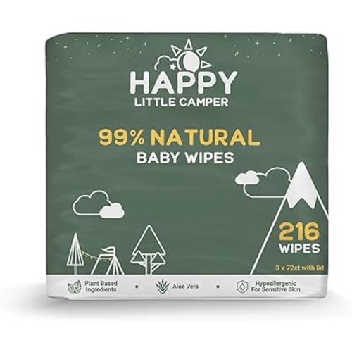 Happy Little Camper Natural Baby Wipes Unscented - Hypoallergenic & Chlorine-Free Wet Wipes with Aloe Vera, Chamomile and Pomegranate Extract - Gentle on Sensitive Skin - 216 Count