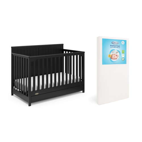 Graco Hadley 5-in-1 Convertible Crib with Drawer and Premium Crib & Toddler Mattress Bundle, Black