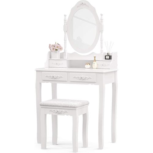Alohappy Makeup Vanity Set with Mirror & Stool for Girls, Vanity Table and Cushioned Stool Set with 4 Drawers, Wood Dressing Table for Bedroom