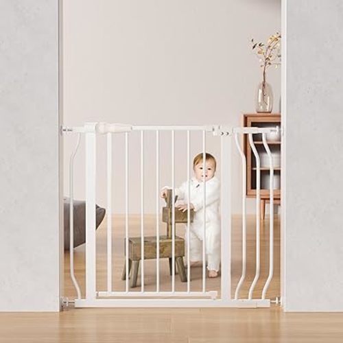 Baby Gate for Stairs Doorways, Safety Pet Gate with Auto-Close/Hold-Open Features, Fits Openings 29.1” to 38.5”, 30” Tall, Easy Pressure Mounted Walk Through Baby Dog Gate, White