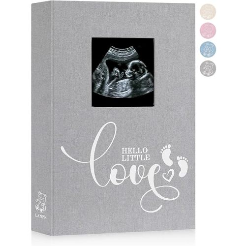 Lanpn Baby Photo Album 4x6 300 Pockets, Linen Cover Ultrasound Album with Memo Writing Area, Bebe Sonogram Photobook, Slip-in Picture Book, Newborn Memory Book Keepsake Gifts for Boy Baby Shower Grey