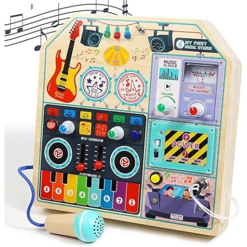 JAUNTY Musical Wooden Busy Board for Toddlers 3 4 5 | Montessori Toy with Guitar, Drums, Piano, DJ & Cymbal | Sensory Toy for Motor Skills & Music Learning