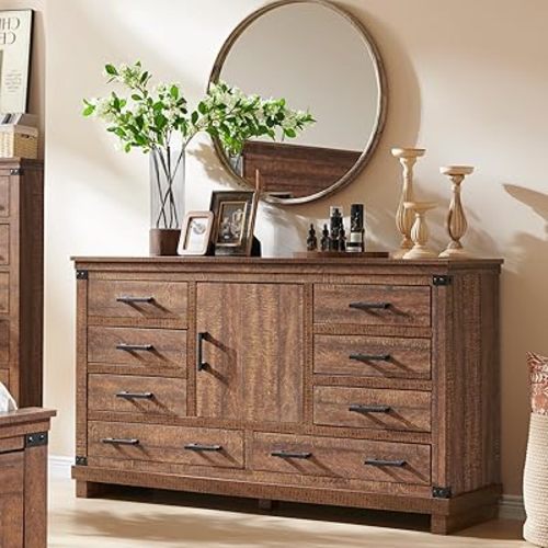RedLemon Farmhouse 8 Drawer Dresser for Bedroom with Adjustable Shelf, Large Chest of Drawers with Thick Plank Styling, Wood Rustic Closet Dresser for Bedroom, Living Room, Reclaimed Barnwood Color