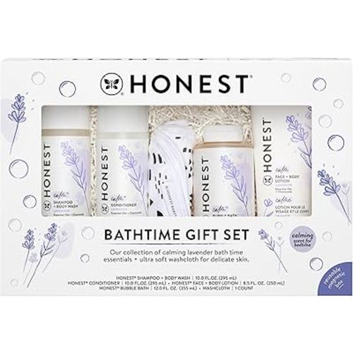 The Honest Company Set de regalo calmante de lavanda para el baño, artículos esenciales de baño hipoalergénicos para pieles sensibles, champú + gel de baño, loción facial + corporal, baño de burbujas