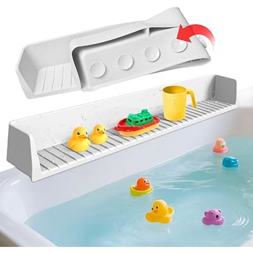 Splash Guard for Bathtub Kids - Silicone Bathtub Splash Guard with 11 Suction Cups, Bath Tub Play Shelf for Kids & Toy Holder, Prevent Water Spill in Bathroom, Fun Bath Time for Toddlers Baby, Gray