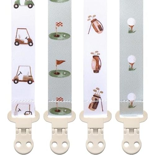 Baby Pacifier Clip Holder - Girl or Boy Unisex 4 Pack Gift Set – Neutral Modern Golf Theme Green Brown Beige