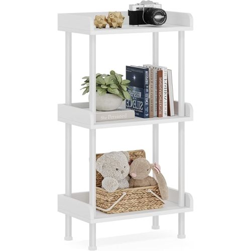 Hosfais 3 Tier Wood Bookcase Industrial Bookshelf with Edge Protection Metal Standing Book Shelves Display Book Rack for Living Room Bedroom Home Office (White)