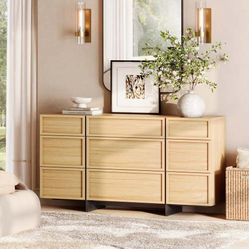 Modern Wooden Dresser with 9 Drawers and T-Shaped Wood Legs, Multi-Functional Chest of Drawers Storage Cabinet Closet Organizer for Bedroom, Hallway, Living Room, Oak