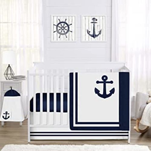 Sweet Jojo Designs Nautical Anchor Baby Boy or Girl Nursery Crib Bedding Set - 4 pieces - Navy Blue and White Gender Neutral