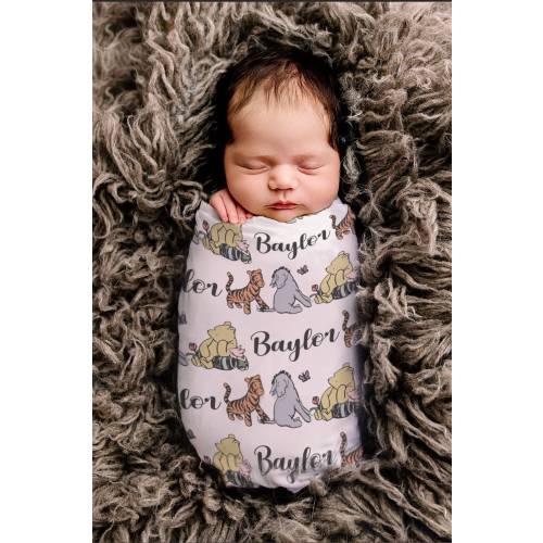 Classic Pooh Blanket, Winnie the Pooh Blanket, Pooh Name Blanket, Baby Name Blanket, Personalized Pooh Swaddle or hat, Wood Pooh Name Disc