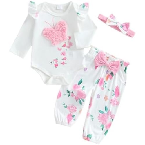 Newborn Fall Baby Girl Clothes Butterfly Print Long Sleeve Romper Floral Pants Set Baby Girl Winter Clothes