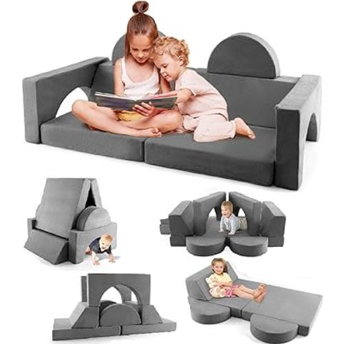 INFANS Mondular Kids Play Couch, 8PCS Toddler Sectional Sofa Building Fort for Playroom, Bedroom, Imaginative Convertible Floor Cushion, Foam Nugget Set for Boys and Girls (Grey)