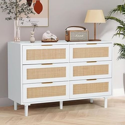 6 Drawer Dresser Rattan Dresser Modern Chest with Drawers,Wood Storage Closet Dressers Chest of Drawers for Bedroom,Living Room,Hallway (White)