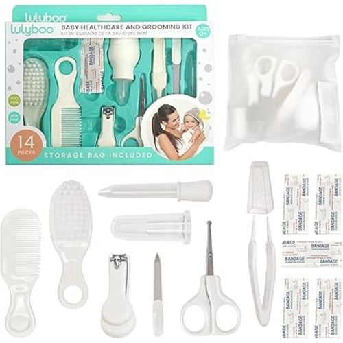 Lulyboo Baby Grooming Kit 14-Piece - Safe, BPA-Free, Certified for Newborns & Toddlers with Comb, Brush, Nail Clippers, Scissors, Nasal Aspirator, Travel Bag - Complete Baby Care Set for Newparents