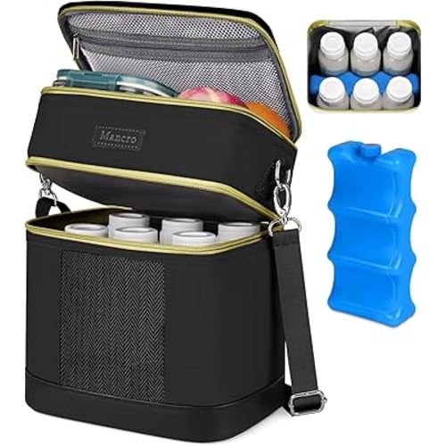 Mancro Breastmilk Cooler Bag with Ice Pack, Double Layer Breast Milk Cooler Bag Fits 6 Bottles Up to 9 Ounces, Leafproof Insulated Baby Bottle Bag for Nursing &Working Mom