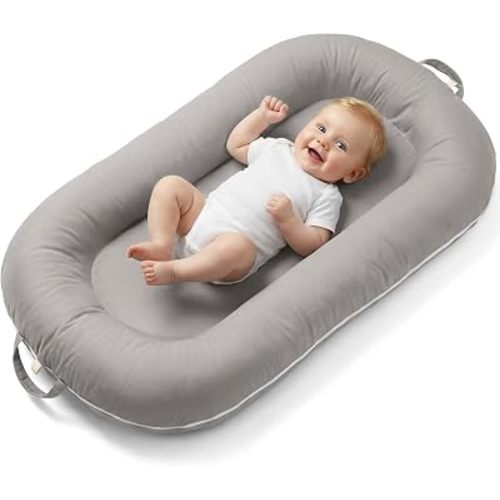 Newborn Lounger Pillow, Infant Support Cushion with Breathable Mesh & Detachable Toy Arch, Portable Floor Lounger for Play/Travel, Machine Washable Cover (Gray)