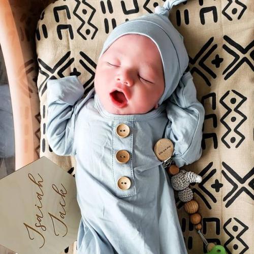 Solid Light Dusty Blue Bamboo Knot Gown & Hat | Caden Lane
