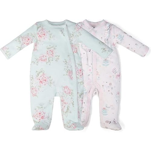 100% Cotton Baby Girls Footies Set of 2, 0-12 Months Long Sleeve Sorf and Comfortable Toddler Girls' Footed
