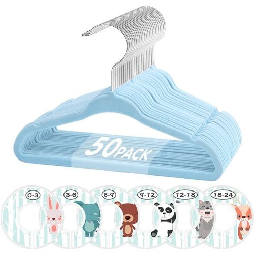 Baby Hangers, VIS'V 11 Inch Blue Velvet Kids Hangers with 6 Pcs Size Dividers Non Slip Nursery Children Closet Clothes Hangers for Infant Toddler Girls and Boys 50 Pcs