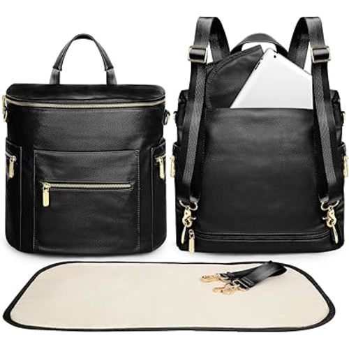 miss fong Diaper Bag Backpack Baby Diaper Bag, Large Leather Diaper Backpack with 16 Pockets Travel Diaper Bag with Diaper Changing Pad, Stroller Straps & 2 Insulated Pockets(Convertible, Black)