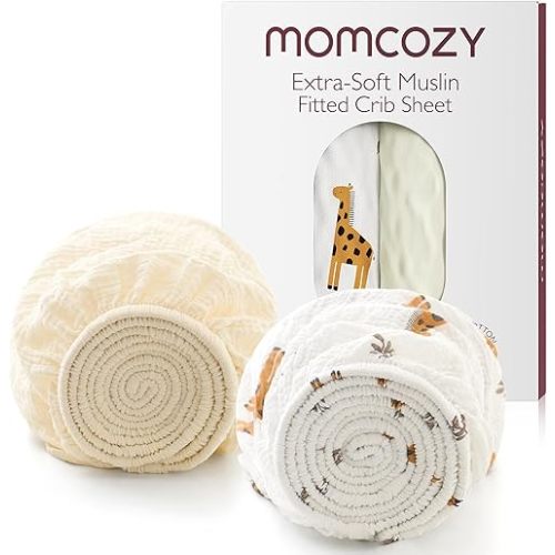 Momcozy Best Wishes Muslin Standard Fitted Crib Sheets, 52"x28", 2 Pack Soft Breathable Natural Cotton Baby Mattress Sheet, 360° Mattress Wrapping Boys Girls Neutral Toddler Bed Sheet, Bravery Giraffe