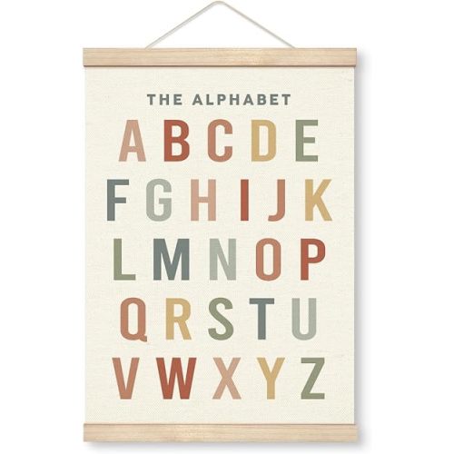 Abc Poster, Alphabet Poster Framed with Wood Hanger, Nursery Wall Art, Playroom Hanging Decor, Alphabet Numbers Canvas Wall Art for Classroom Kids Room Toddlers Room (11.8 * 15.7)