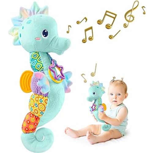 Sumobaby Infant Baby Musical Stuffed Animal Activity Soft Toys with Multi-Sensory Crinkle, Rattle and Textures, for Tummy Time Newborn 0-3-6-12 Months Boys, Girls, Seahorses, Blue