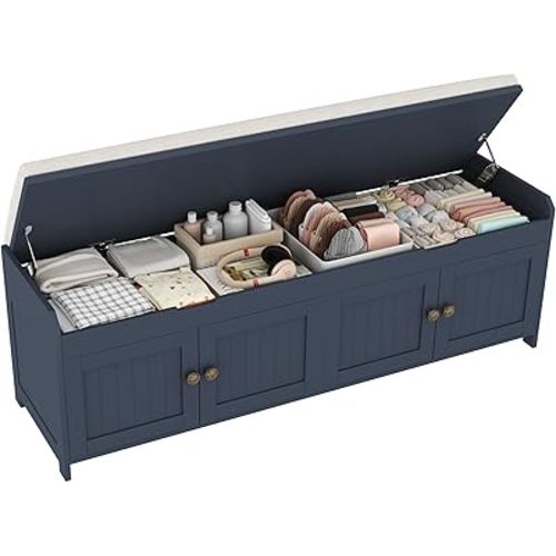 HOMEFORT 54.4" Shoe Bench with Lift Top Storage, Entryway Bench with Cushioned Seat, Wooden End of Bed Bench, Shoe Cabinet Bench with Hidden Storage Space, for Bedroom, Hallway,Blue