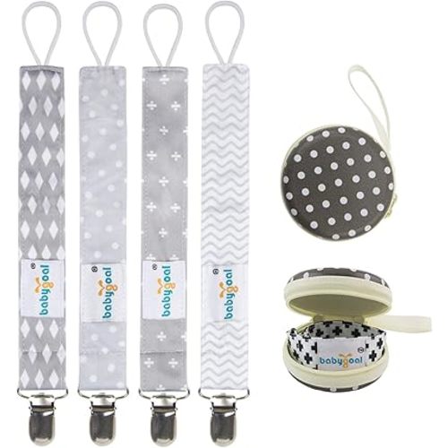 Babygoal Baby Pacifier Clips with Pacifier Case, 4 Pack Pacifer Holder for Girls and Boys Fits for All Pacifier Styles, Baby Toys and Baby Gift 4MP07-HZ